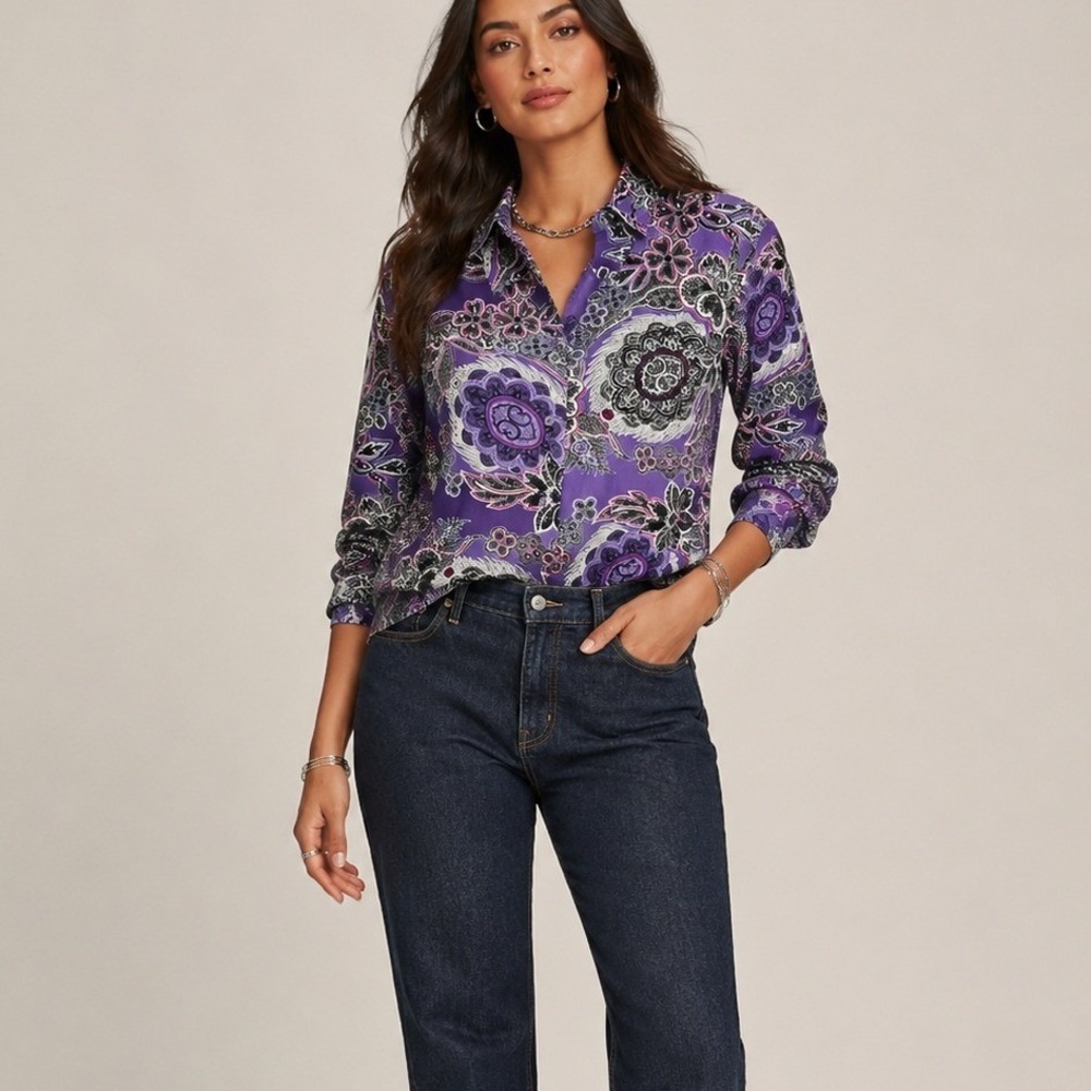 Westbound Purple Paisley Button Up Shirt Women Size 18 Wrinkle Free Boho Career